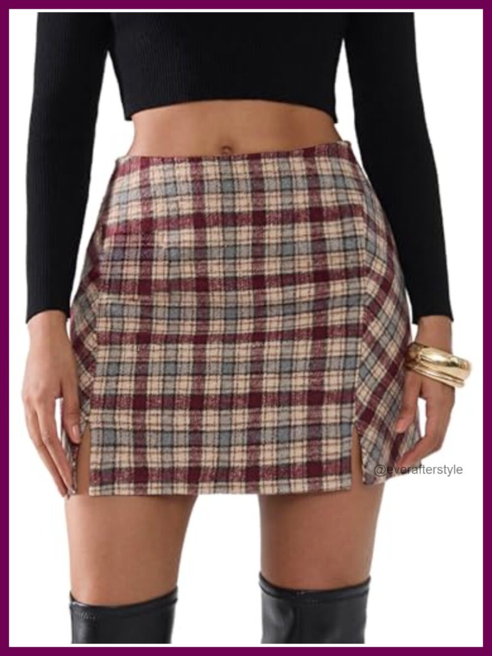 Faux Wool Plaid Mini Skirt High Waisted Bodycon Side Slit Y2K